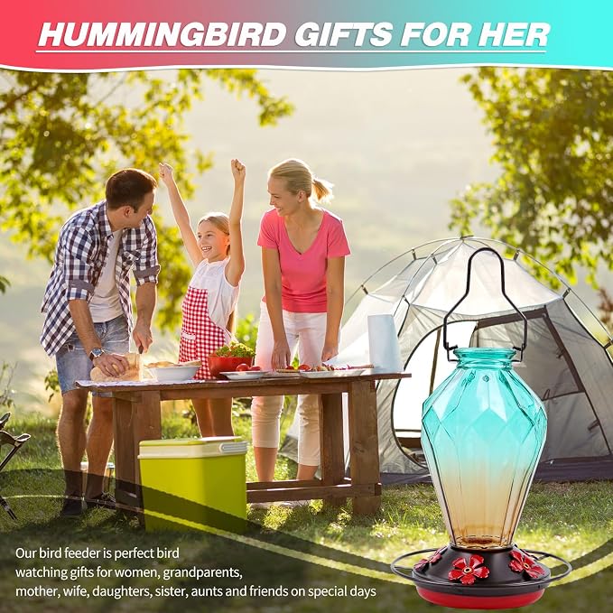 Glass Hummingbird Feeder for Outdoors Hanging, 25Oz Humming Bird Nectar Feeder, Perch, 5 Flower Feeding Ports, Leak Proof Base, Hook for Outside Garden Backyard, Gift for Women, Diamond Green