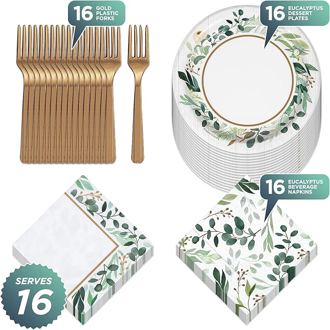 Eucalyptus Greens Garden of Love Bridal Party Supplies - Paper Dessert Plates, Beverage Napkins, and Forks (Serves 16)
