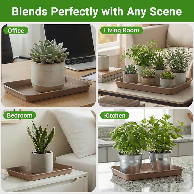 GREANER 3 Packs Plant Saucers for Indoors, 13 Inch Brown Plastic Tray, Rectangular Planter Trays and Saucers for Potted Plants