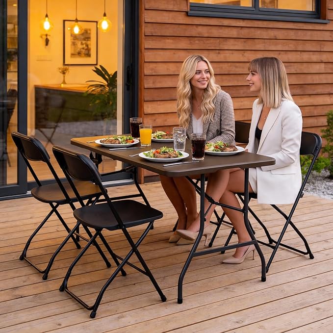 Folding Table 5ft - Heavy Duty Fold-in-Half Plastic Table, Portable Utility Tables with Steel Legs for Indoor, Outdoor, Picnic, Camping, Dining, Party (Brown)