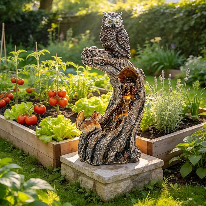 32" H Resin Owl Tree Trunk Fountain Outdoor, Forest Style 4-Tiers Water Feature Outdoor with Lights, Soothing Cascading Waterfall for Patio, Backyard, Garden or Porch