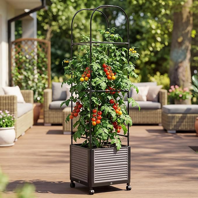 Raised Garden Bed Planter Box with Trellis, 61''H Tomato Planters for Climbing Plants Vegetable Vine Flowers Outdoor Patio Tomato Cage, Self Watering Planter with Wheels