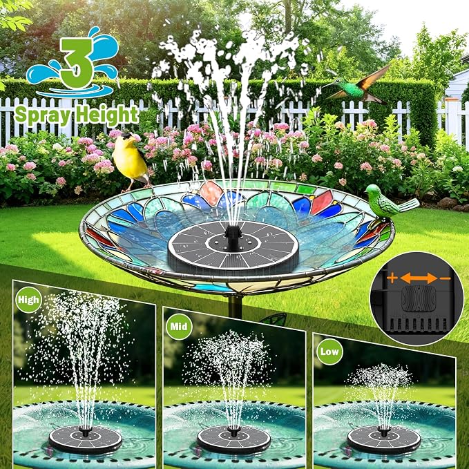 Solar Fountain with 3 Spray Height, Colorful Led Lights, 3.5W Glass Solar Bird Bath Water Fountain with 2000mAh Battery, 4 Rotating Rods and 7 Nozzles for Hummingbird Bathing, Outdoor Decor