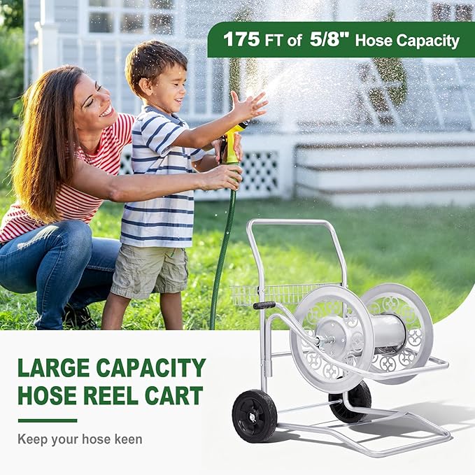 Outvita Garden Hose Reel Cart, Heavy Duty Water Hose Cart for Outside, Lawn Watering, for Garden, Yard, Lawn, Farm, Hold Up to 200 ft of 5/8’’ Hose, 2 PU Wheels, Storage Basket (Silver)