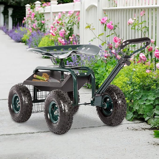 J-Sun-7 Garden Cart with Seat - Steel Rolling Garden Scooter Stool with Wheels, 360 Degree Swivel Work Seat, Adjustable Handle, Tool Tray, Basket, Gardening Stools for Seniors, Green