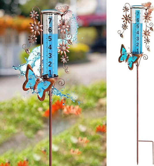 Rain Gauge Outdoor, 7" Freeze Proof Rain Gauges Outdoors Best Rated, Accurate & Easy to Read, Decorative Rain Measure Gauge for Yard Garden Patio(Butterfly & Flower)