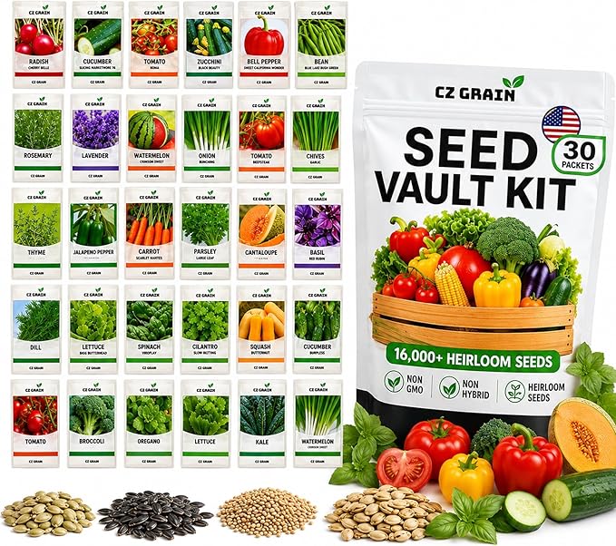 CZ Grain Seed Vault Kit, 30 Heirloom Vegetable & Herb Varieties, 16,000+ Non-GMO Seeds for Planting, Open Pollinated Survival Garden Seed Pack, USA Packed, Home Garden Starter Kit