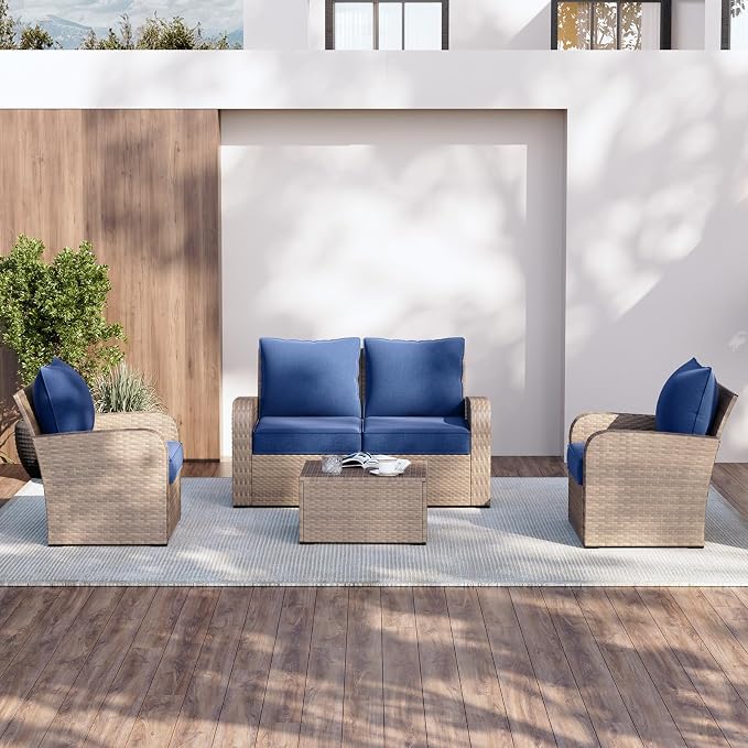 Aoxun Replacement Cushions for Outdoor Furniture, 4-Piece Outdoor Cushions for Patio Furniture, Deep Seat, Waterproof & Fade Resistant Couch Cushion for 4-Seat Patio Conversation Sets, Navy Blue