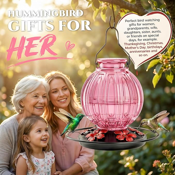 2 Pack Glass Hummingbird Feeder for Outdoors Hanging, Bird Nectar Feeder with Perch & 5 Flower Feeding Ports, 26 Oz Leak Proof for Outside Garden Decor Backyard, Gifts for Women Mom, Red + Pink