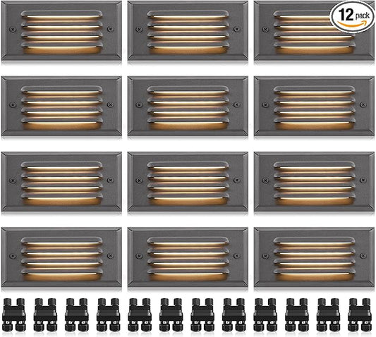 SUNVIE Low Voltage Step Lights Outdoor 5W LED Stair Lights with Horizontal Louver Faceplate Deck Lights for Steps Stairs Fences 12V 3000K 3.2FT ETL Listed Wire, Fastlock2 Connectors Included, 12 Pack