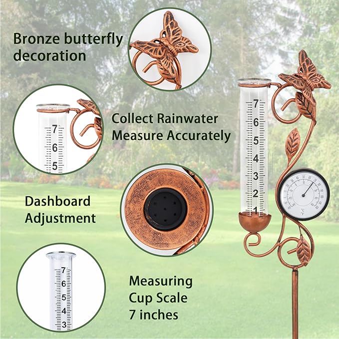 Rain Gauge Outdoor, coppery Butterfly Rain Gauge with Thermometer for Measuring Precipitation, Garden Decoration,Yard Garden Patio Lawn(Coppery Butterfly Thermometer)