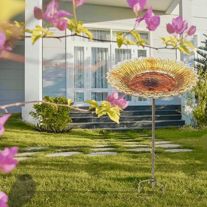 MUMTOP Glass Bird Bath, Garden Outdoor Birdbaths Birdfeeder with Metal Stake, Golden