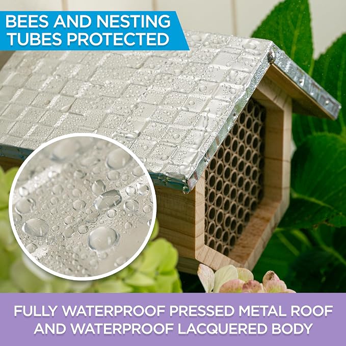 Rivajam Beekeeper Pro Mach II Mason Bee House - Strong + Waterproof Bee Hotel & Insect Habitat - Replaceable Mason Bee Tubes Filled Bee Houses for the Garden - Pollinator House Gardening Gifts