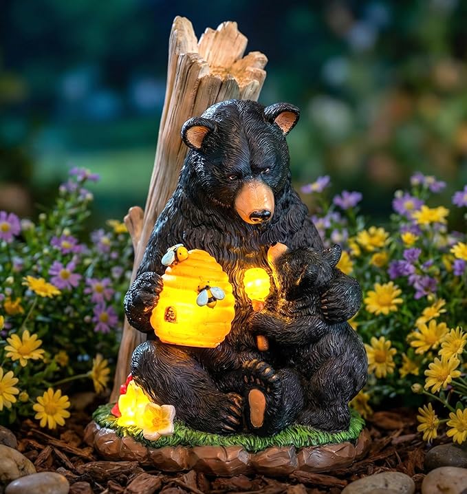 Candieslife Solar Bear Garden Statue with Glowing Beehive & Cub - Outdoor LED Figurine Decor for Patio, Lawn, Yard Art - Unique Birthday Housewarming Gift for Women, Mom, Father