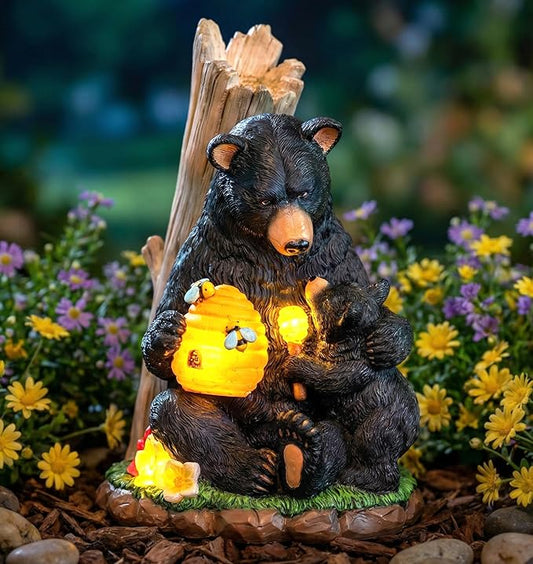 Candieslife Solar Bear Garden Statue with Glowing Beehive & Cub - Outdoor LED Figurine Decor for Patio, Lawn, Yard Art - Unique Birthday Housewarming Gift for Women, Mom, Father