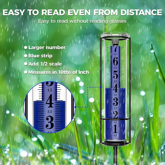 Upgraded Rain Gauge, Really Freeze Proof Rain Gauge Outdoor Best Rated, Large Clear Numbers Rain Gauges for Yard with Stake, Adjustable Height Rain Measuring Tool for Garden, Lawn, Easy to Use