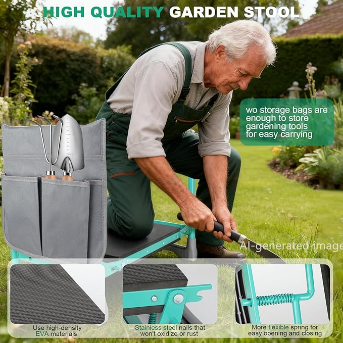 Garden Kneeler and Seat, 2-in-1 Foldable Garden Bench with Non-Slip EVA Foam Pad, Storage Bags, Glove, Portable Gardening Stool for Kneeling & Sitting, Ideal for Gardeners, Patio, Fishing
