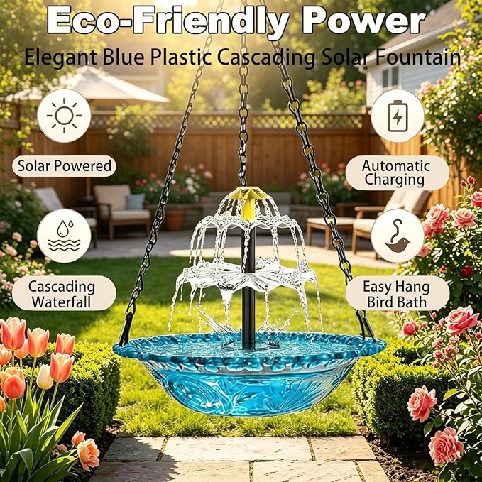 New Hanging Solar Bird Bath Fountain,3 Layers Hanging Bird Bath for Outside with Solar Fountain,Flowing Water Large Humming Birds Baths Fountains with Solar Pump & Plastic Bowl, for Outdoor, Gardens