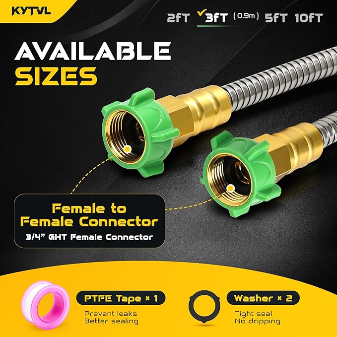 3FT Short Garden Hose Female to Female – Stainless Steel Leader Hose for Hose Reel, Kink-Free Flexible Metal Water Hose, Leakproof Durable Designy for Outdoor Garden, Pet Washing, Car