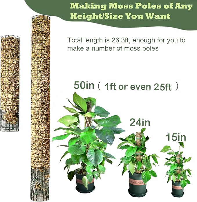 Moss Pole DIY Kit, 26.3ft Moss Pole for Plants Monstera, 8pcs 8.3in×3.3ft Steel Wire Mesh with Ties, Max Make 13Pcs 24" Sphagnum Moss Pole, Mesh Moss Poles (26.3ft Wire Mesh Without Plier)