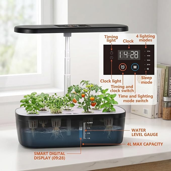 HGS-02 Soil-Free Hydroponics Growing System - 4L Tank with Smart LED Screen, 12 Pods Adjustable Height, LED Grow Light for Indoor Plants, Grow herbs Year-Around, hydro garden gifts for Plant Lovers