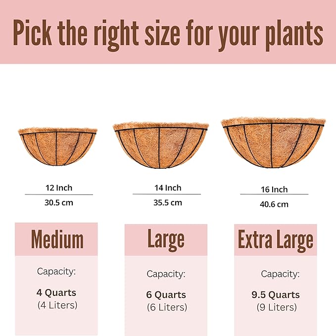 LaLaGreen Wall Planters for Outdoor Plants (2 Pack, 14 Inch) Large Hanging Planter with Coco Liner, Metal Round Wire Flower Basket Outside Fence Railing Plant Pots Holder Deck Porch Balcony Decor
