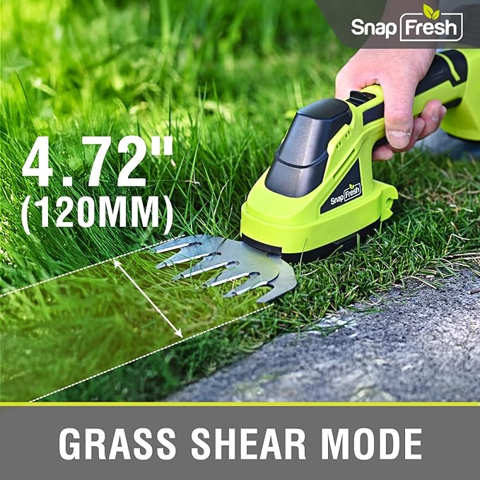 SnapFresh 20V Cordless Hedge Trimmer, 2-in-1 Electric Shrub Trimmer, 8.67" Hedge Blade & 4.72" Grass Shears, 2.0Ah Battery & Fast Charger Included, Handheld Bush Trimmer for Garden, Lawn & Yard