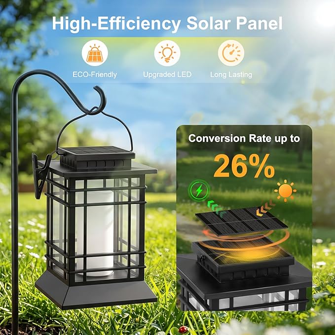 Brightever Hanging Solar Lanterns Outdoor Waterproof, Flickering Flame Solar Lantern Outdoor Lights, Auto ON/Off Solar Powered Lanterns Decorative Outdoor for Garden Front Porch Tree Decor, 2-Pack