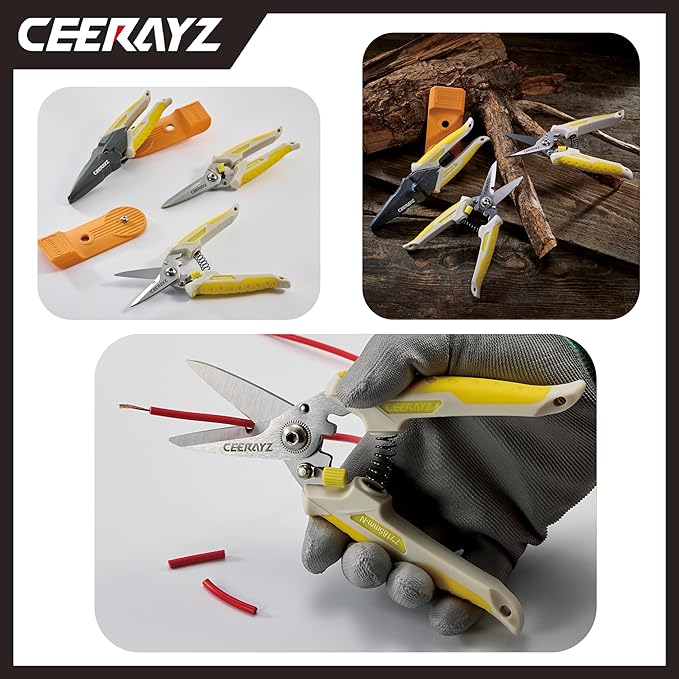 7" Scissors All Purpose, Heavy Duty, Multipurpose, for DIY Projects, Office, Production Lines, Pruning, with Protective Sheath and Magnetic Holder (Brown/Yellow)