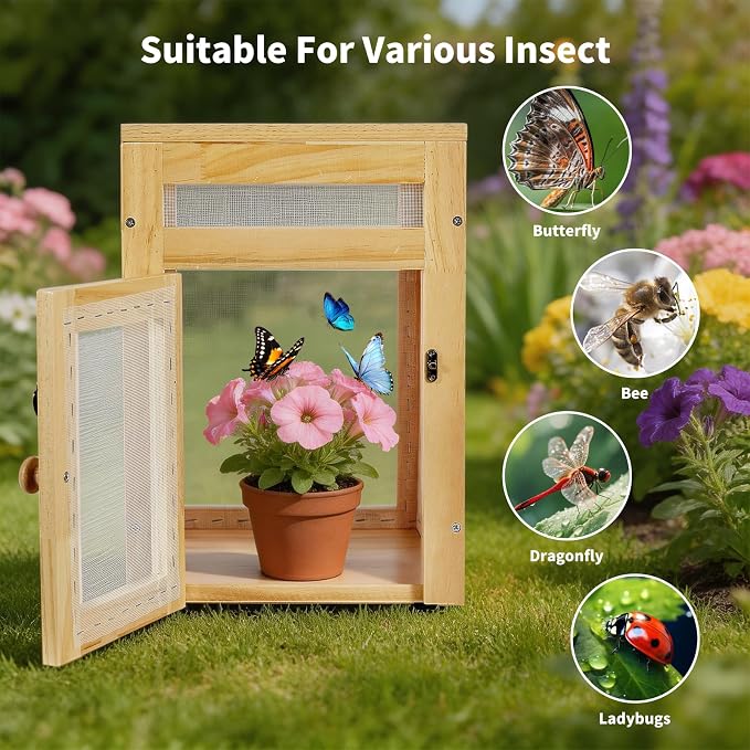 Wooden Butterfly Habitat Cage Kit, 15.75 Inch Monarch Caterpillar Habitat, Mesh Butterfly Enclosure for Raising Butterflies, Insect Observation House for Kids, Classroom, Garden