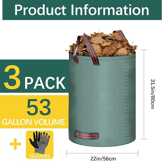 3 Pack 53 Gallon lawn and leaf bags lawn bags Heavy duty reusable,Gardening gloves included,Cleaning fallen leaves, weeds, camping supplies or use for moving