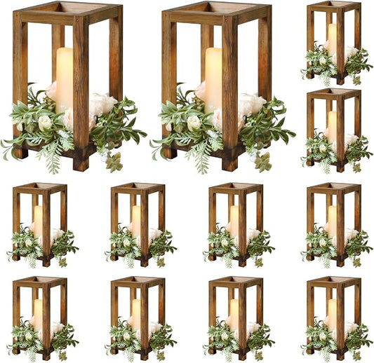 12Pcs Wooden Lanterns Wedding Centerpiece for Decorative, Rustic Candle Holder Decorative for Wedding Party, Flameless Candle Lantern for Valentine Wedding Table Decor