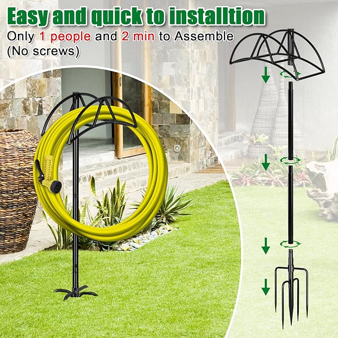 Gtongoko Garden Hose Holder for Outside 47" Heavy Duty Freestanding Water Hose Holder with 5 Stable Spikes Metal Hose Stand Holds Up to 150FT Hose & 49LB Detachable Hose Storage for Yard Lawn Patio