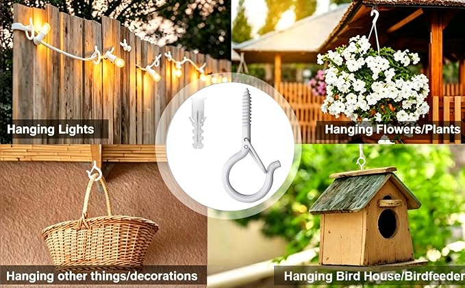 PlusRoc 20 Pack White Screw-in Cup Hooks Heavy Duty, 2.2 Inch Ceiling Hooks for Hanging Plants Outdoor String Lights Patio, Wall Wood Fence Deck Mount