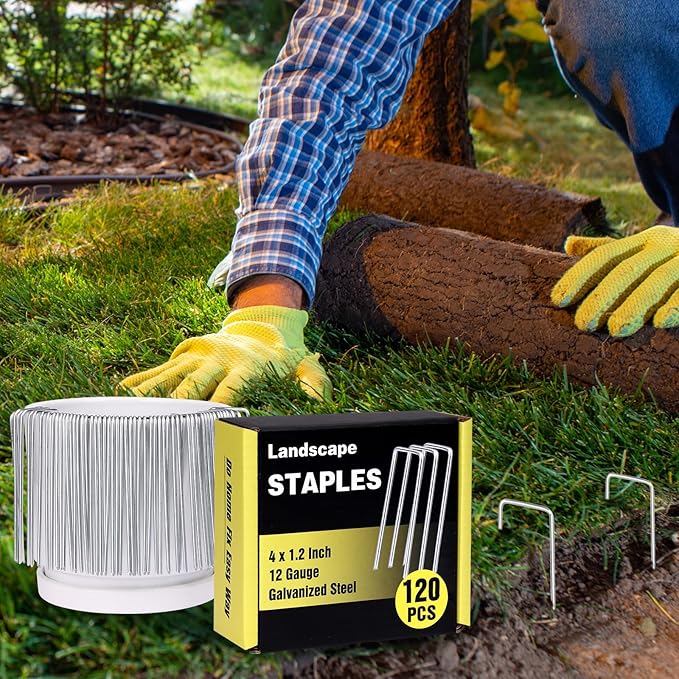 120 Pack 4 Inch Landscape Garden Staples, Garden Stakes Galvanized 12 Gauge SOD Ground Stakes Landscaping Fabric Pins Yard Staples for Lawn Turf Hose Irrigation Tubing