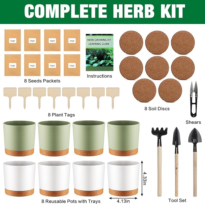 8 Herb Garden Kit - Indoor Herbs Seeds Growing Kit Gardening Gift Birthday Housewarming Christmas Gift for Women Her Men Retirement, Complete Starter Set with Organic Seeds for Beginner