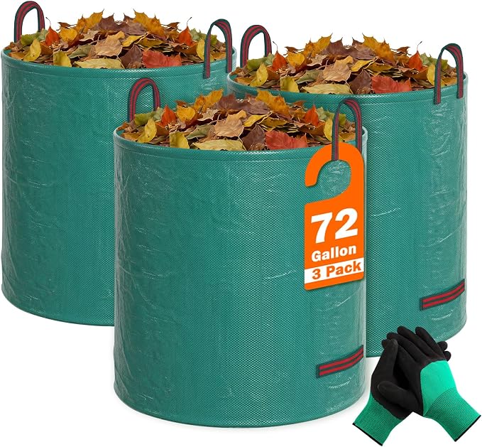 FEED GARDEN 72 Gallon Reusable Yard Waste Bags, 3 Pack Heavy Duty Garden Waste Bags with Plastic Ring, Stand Upright Lawn & Leaf Bags with 4 Reinforced Handles, Includes Gardening Gloves