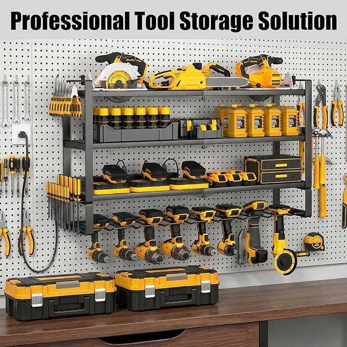 MOOMSINE Large Power Tool Organizer Wall Mount with Charging Station for Garage, 400lbs Metal Storage Rack with 8 Cordless Drill Holder, 4 Tier Heavy Duty Battery Tool Shelf with 5 Outlet Power Strip