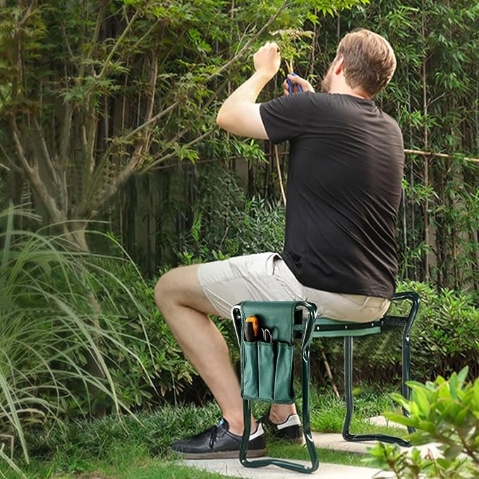 TeqHome Garden Kneeler and Seat Foldable Lightweight Garden Bench with Tool Pouch and Soft Kneeling Pad Portable Garden Stool