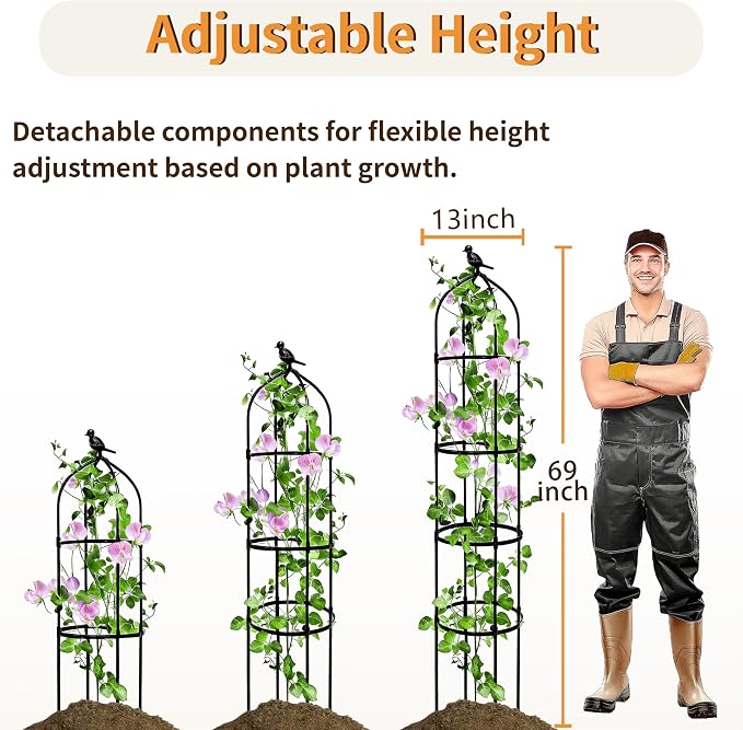 1 Pack Garden Obelisk Trellis for Climbing Plants Outdoor, 6FT Adjustable Metal Plant Support with 3 Decorative Tops, Black Rustproof Trellis for Roses, Tomatoes, Clematis & Vines