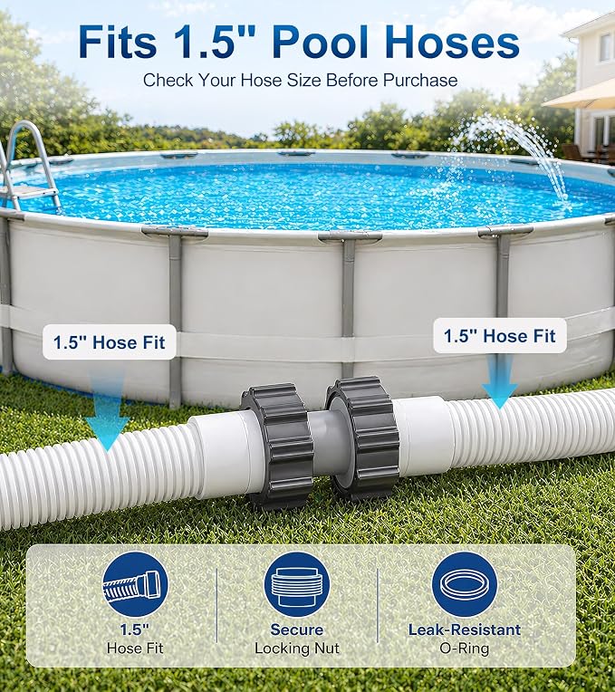Pool Hose Connector for Leak-Proof Dual Seal and Stable Water Flow, 1.5" to 1.5" Pool Hose Adapter for Pool Parts and Accessories Replacement, Easy No-Tool Install for Above Ground Pools
