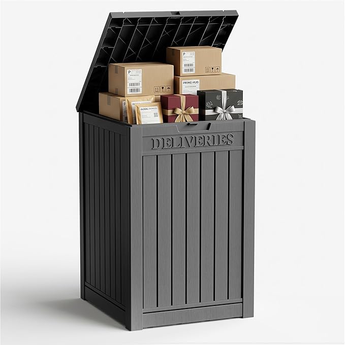 55 Gallon Package Delivery Boxes Outside Secure Waterproof Resin UV Resistant Lockable Mail Parcel Drop Mailbox Storage Deck Box for Outdoor Porch Patio Black