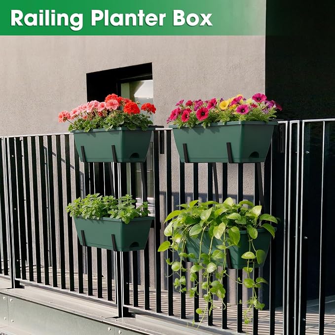Rectangle Planters Box, 4 Pack Deck Hanging Planters for Railings, Window Box Planter with Drainage Holes & Trays, 16.9 Inch Balcony Planters Railing Hanging with Metal Brackets, Black Green (Green)