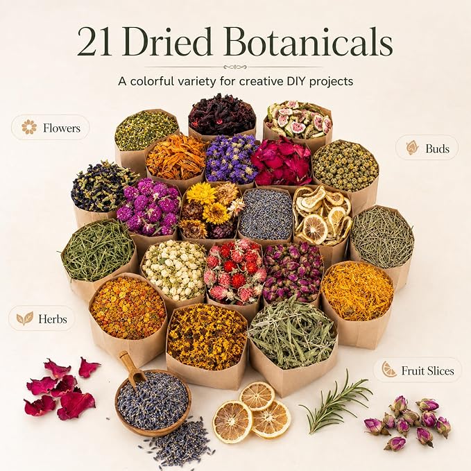 Sukh Dried Herbs Kit - Dried Botanicals Bulk,21 Bags Natural Dry Flowers and Herbs for Soap,Candle,Perfume,Bath Bombs,Resin Jewelry Making Supplies,Fragrance Sachet DIY and Witchcraft