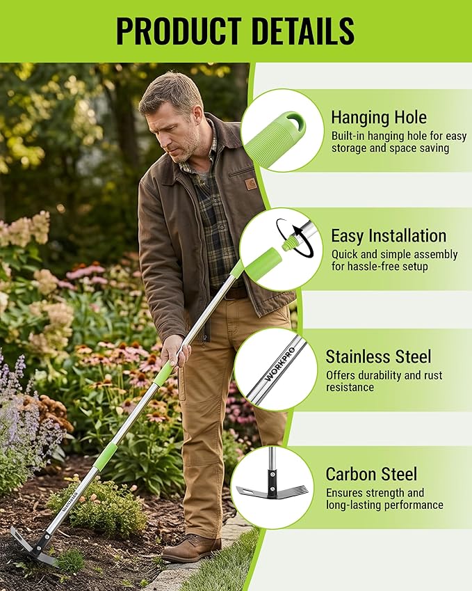 WORKPRO Weed Puller Tool with Long Handle – 2-in-1 Garden Hoe & Weed Rake, 29"-56" Adjustable Manual Weeding Tool, Uprooting Weed Remover Gardening Weeder Tools for Yard, Lawn, Patio and Garden