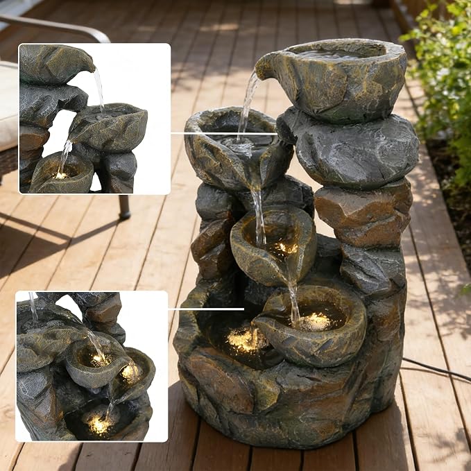 Outdoor Water Fountain with LED Lights, Resin Bowl Waterfall Fountain for Garden Decor Indoor Outdoor Use, 10.2"x6.9"x15.7" (Light Brown)