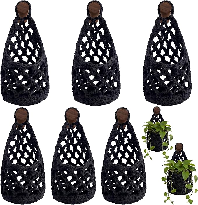 6 Pk Wall Planters for Indoor Macrame Plant Hanger Boho Wall Mounted Flower Baskets Hanging Planter, Plants and Pots are Not Included (Black,4 x 8 Inch)