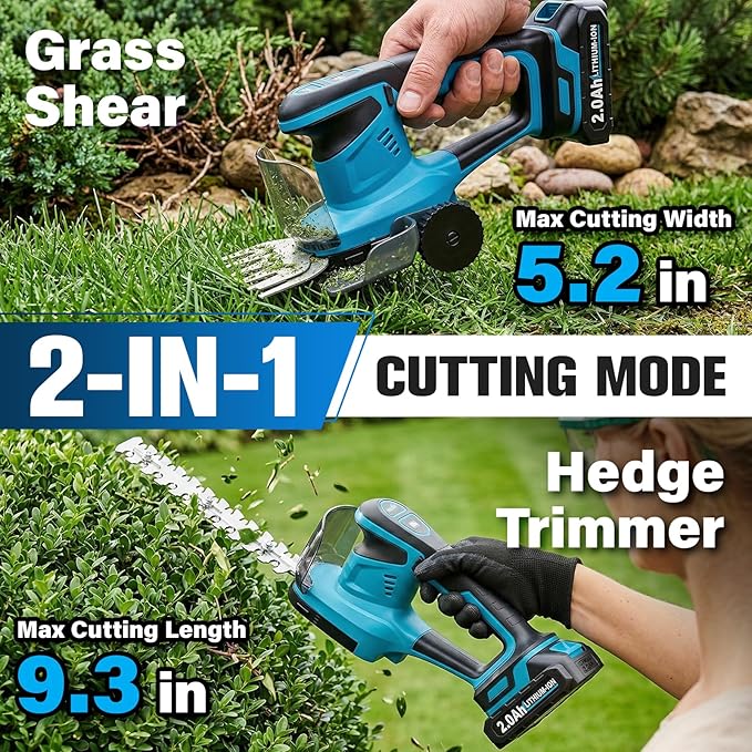 FULLYEA Electric Hedge Trimmer Cordless, 2-in-1 Shrub Trimmer & Grass Shear, Lightweight Bush Trimmer with 2 Blades & 2 * 2.0Ah Batteries, Handheld Grass Trimmer, Battery Powered Hedge Cutter (Blue)