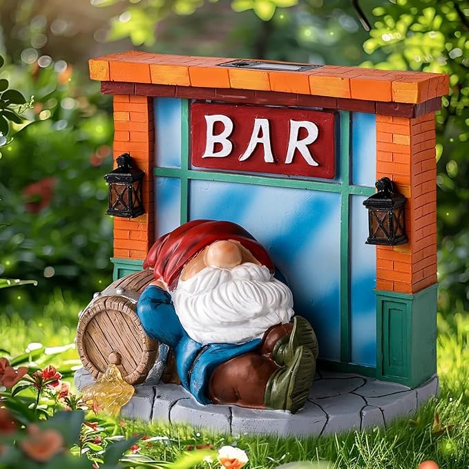 WINTS Solar Garden Gnomes,Funny Tavern Gnome Statue for Outdoor Decor with Light-Up Barrel for Lawn, Patio, Yard, Balcony–Gift for Lovers,Mom,Friends,Husband for Father's Day & Birthday