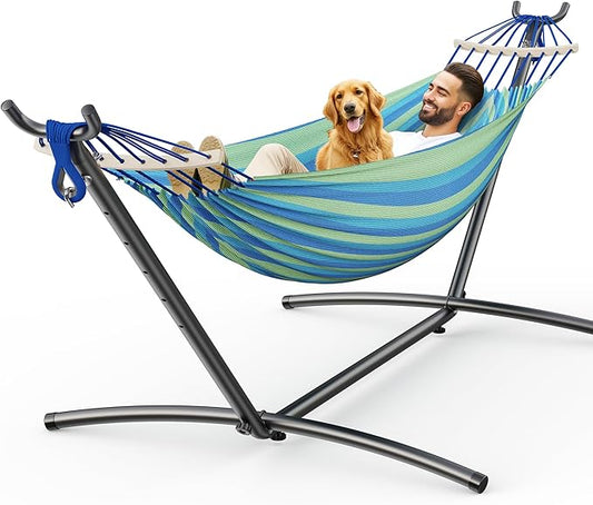 ANAGOO Double Hammock with Stand, 2 Person Hammock with Anti-Rollover Spreader Bar, Adjustable Height Heavy Duty Steel Stand, 500LB Capacity Portable Hammock for Patio Backyard Camping, Wide Blue